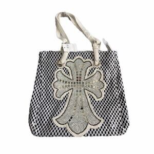 NWT New Black Silver Cross Embellished Sling Shoulder Bag Tote Women's Purse
